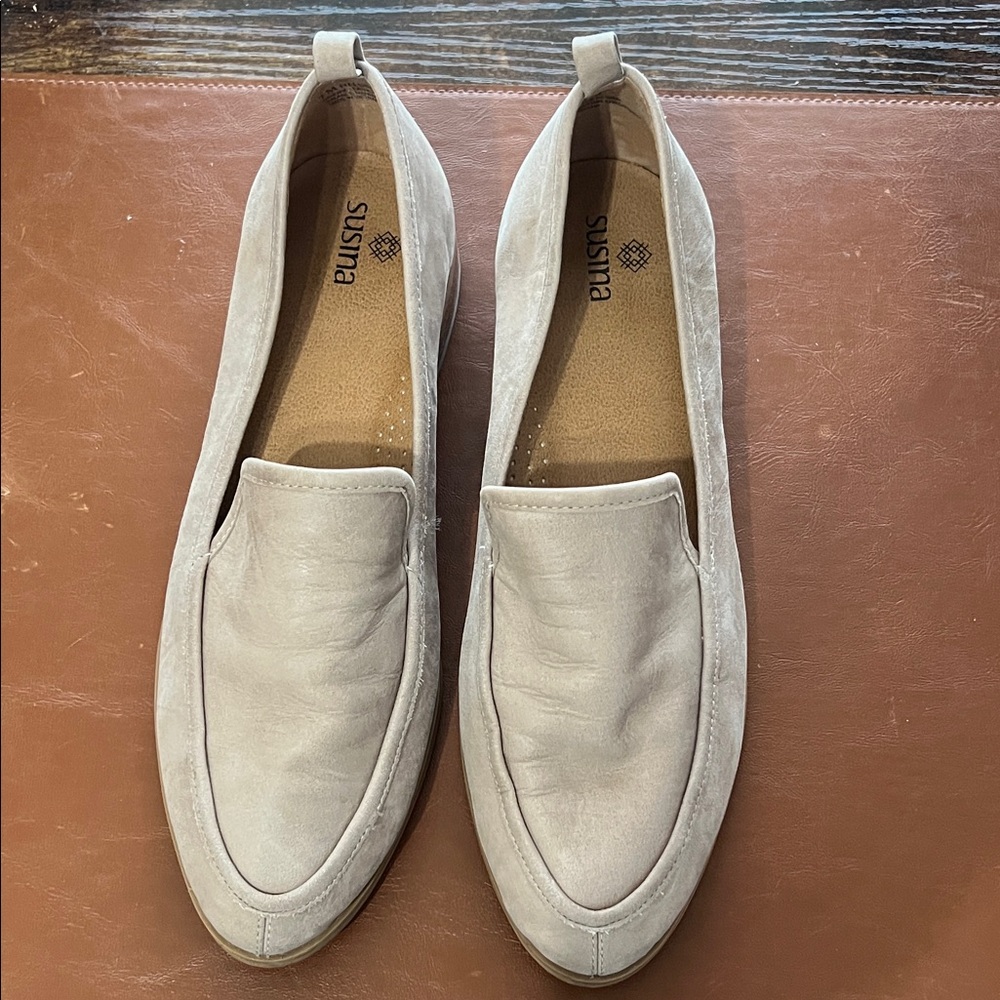 Susina Light Taupe Suede Slip-On Loafers
